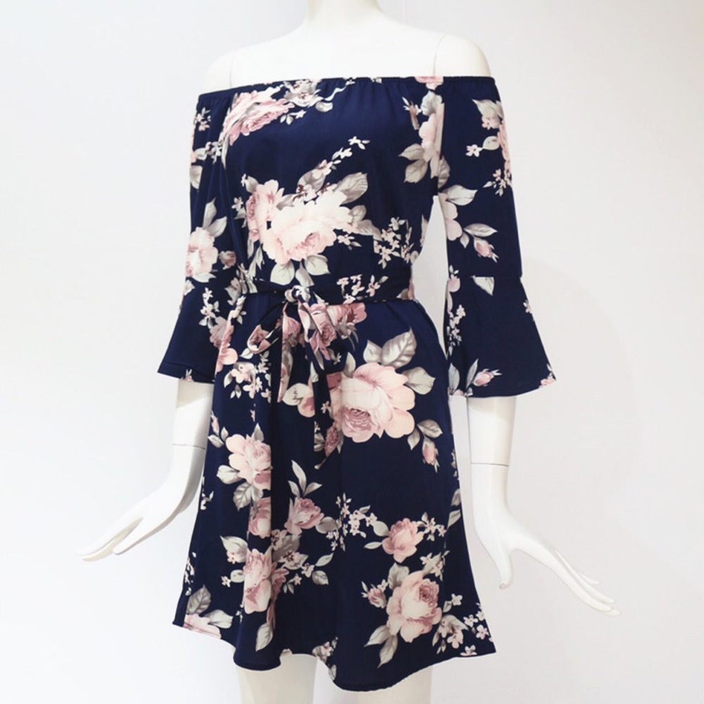 Boho Off Shoulder Navy Floral Chiffon Mini Dress - Picture 5 of 13